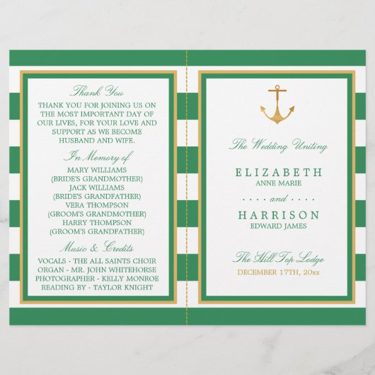 Nautical Gold Anchor, Sea Green Wedding Program (Vorderseite)