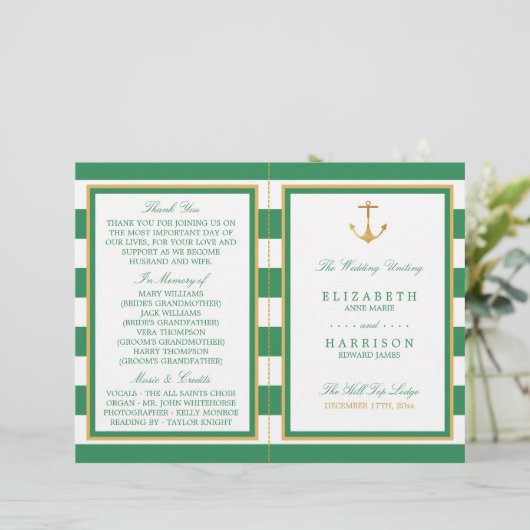 Nautical Gold Anchor, Sea Green Wedding Program (Stehend Vorderseite)