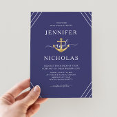 Nautical Gold Anchor Stripes Navy Blue Wedding Einladung