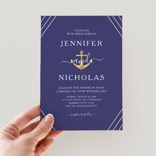 Nautical Gold Anchor Stripes Navy Blue Wedding Einladung