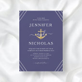 Nautical Gold Anchor Stripes Navy Blue Wedding Einladung
