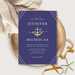 Nautical Gold Anchor Stripes Navy Blue Wedding Einladung