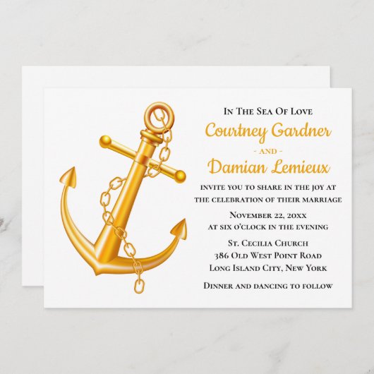 Nautical Gold Anchor Wedding Beach Summer Einladung (Vorne/Hinten)