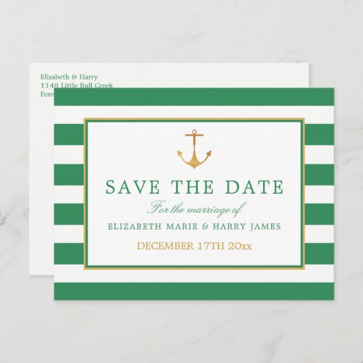 Nautical Gold Anker, Sea Green Gold Save the Date Ankündigungspostkarte (Vorne/Hinten)