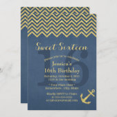 Nautical Gold Anker Zickzack Stripes Sweet 16 Einladung (Vorne/Hinten)