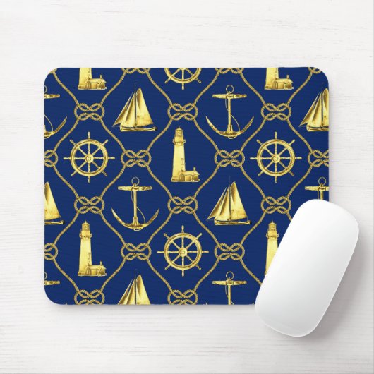 Nautical Gold Blue Lighthouse Sailboat Desk Mousepad (Mit Mouse)