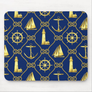 Nautical Gold Blue Lighthouse Sailboat Desk Mousepad
