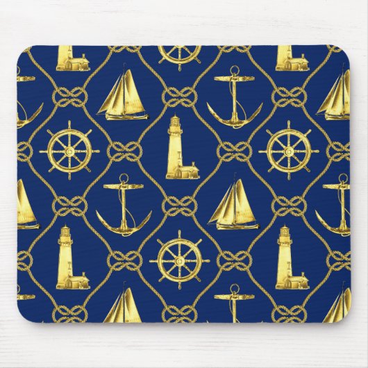 Nautical Gold Blue Lighthouse Sailboat Desk Mousepad (Vorne)