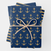 Nautical Gold Blue Navy Anchor Stripes Boat Wheel Geschenkpapier Set (Beispiel)