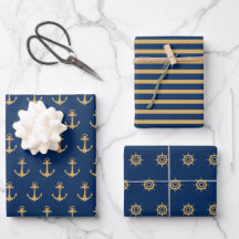 Nautical Gold Blue Navy Anchor Stripes Boat Wheel