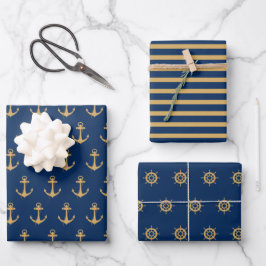 Nautical Gold Blue Navy Anchor Stripes Boat Wheel Geschenkpapier Set