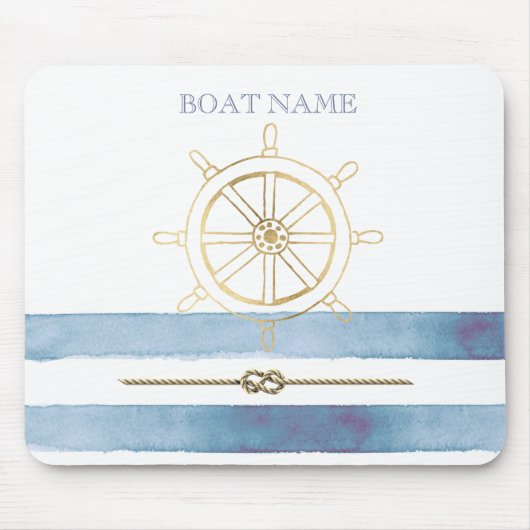 Nautical Gold Boat Wheel, Blue Watercolor Streifen Mousepad (Vorne)