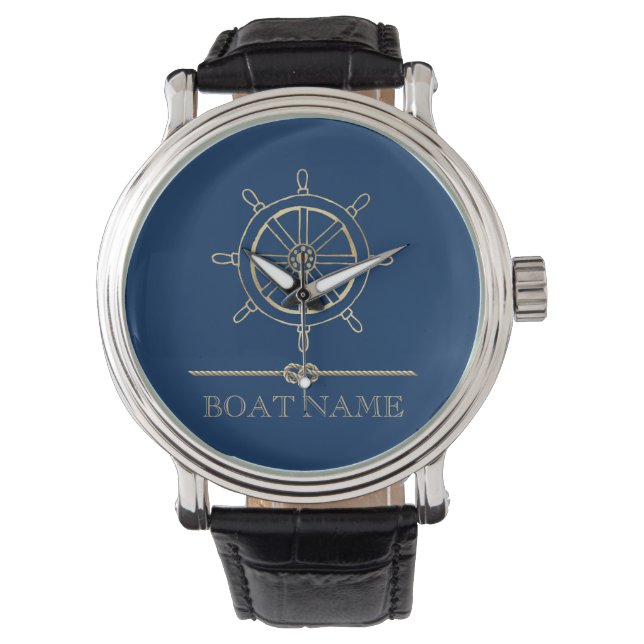 Nautical Gold Boat Wheel, Navy Blue Armbanduhr (Vorderseite)