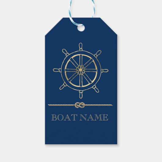 Nautical Gold Boat Wheel, Navy Blue Geschenkanhänger (Vorderseite)