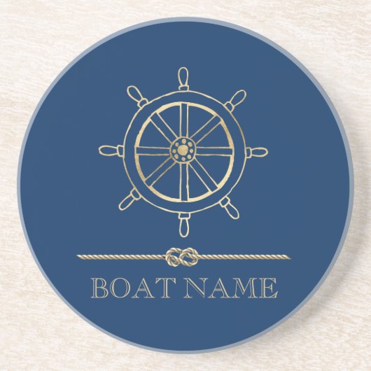 Nautical Gold Boat Wheel, Navy Blue Getränkeuntersetzer (Vorne)