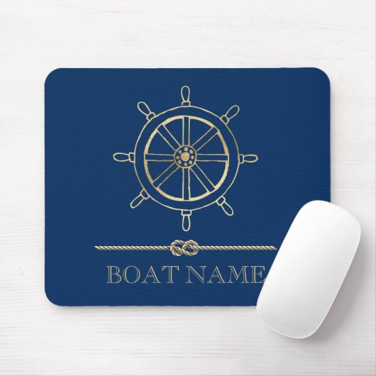 Nautical Gold Boat Wheel, Navy Blue Mousepad (Mit Mouse)