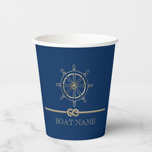 Nautical Gold Boat Wheel, Navy Blue Pappbecher (Vorderseite)