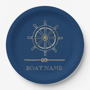 Nautical Gold Boat Wheel, Navy Blue Pappteller