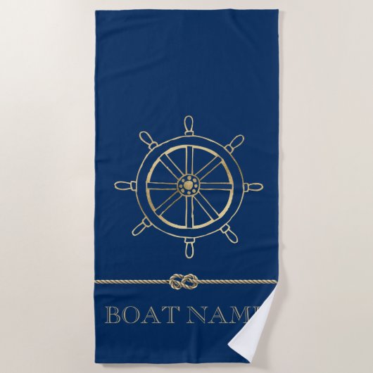 Nautical Gold Boat Wheel, Navy Blue Strandtuch (Vorderseite)