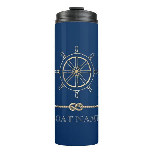 Nautical Gold Boat Wheel, Navy Blue Thermosbecher (Vorderseite)