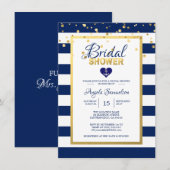 Nautical Gold Navy Blue Stripes Brautparty Einladung (Vorne/Hinten)