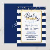 Nautical Gold Navy Blue White Stripes Babydusche Einladung (Vorne/Hinten)