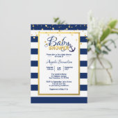 Nautical Gold Navy Blue White Stripes Babydusche Einladung (Stehend Vorderseite)