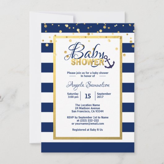 Nautical Gold Navy Blue White Stripes Babydusche Einladung (Vorderseite)