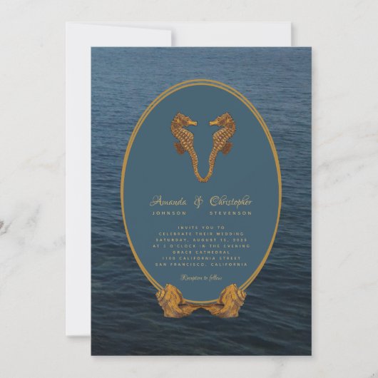 Nautical Gold Seepferd Dance Beach Wedding Einladung (Vorderseite)