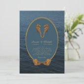 Nautical Gold Seepferd Dance Beach Wedding Einladung (Stehend Vorderseite)