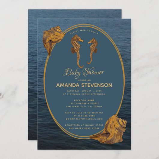 Nautical Gold Seepferde Blue Ocean Baby Dusche Einladung (Vorne/Hinten)