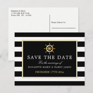 Nautical Gold Wheel, Black & Gold Save the Date Ankündigungspostkarte