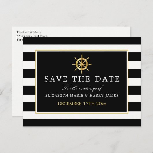 Nautical Gold Wheel, Black & Gold Save the Date Ankündigungspostkarte (Vorne/Hinten)