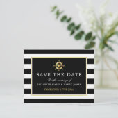 Nautical Gold Wheel, Black & Gold Save the Date Ankündigungspostkarte (Stehend Vorderseite)