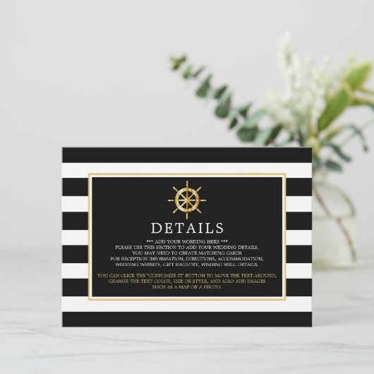 Nautical Gold Wheel, Black & Gold Wedding Detail Begleitkarte (Stehend Vorderseite)