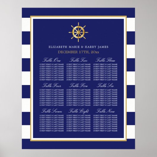 Nautical Gold Wheel, Navy & Gold Seating Chart Poster (Vorne)