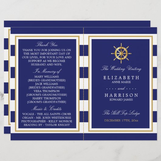Nautical Gold Wheel, Navy/Gold Wedding Program (Vorne/Hinten)