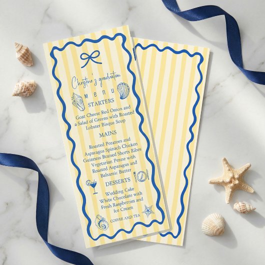 Nautical Graduation Party Menu Card | Blue Coastal Menükarte