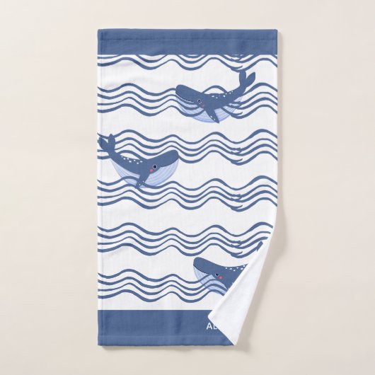 Nautical Gray Blue White Whale Waves Badetuch Badhandtuch Set (Handtuch)