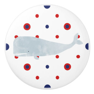 Nautical Gray Watercolor Whale Red Blue Dots Keramikknauf