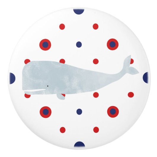 Nautical Gray Watercolor Whale Red Blue Dots Keramikknauf (Vorderseite)