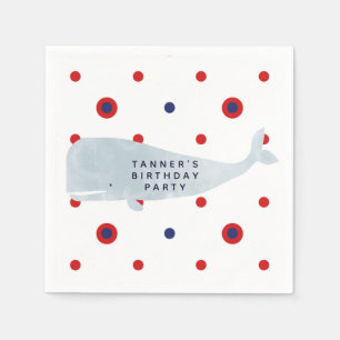Nautical Gray Watercolor Whale Red Blue Dots Party Serviette