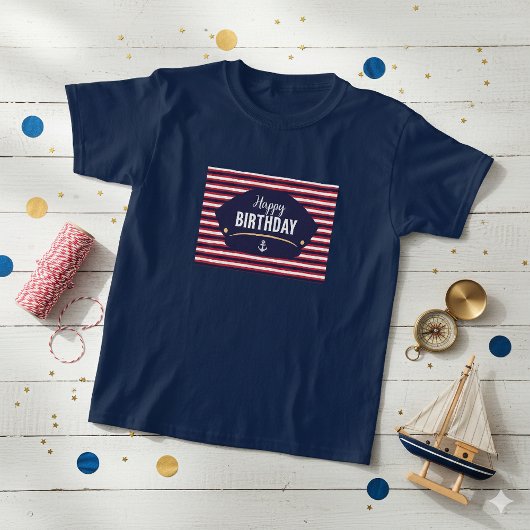 Nautical Happy Birthday Kids T-Shirt – Navy & Red 
