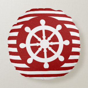 Nautical Helm auf Burlap White & Dark Red Strips Rundes Kissen