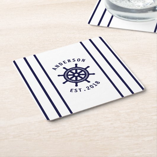 Nautical Helm White and Navy Blue Strichen Custom Rechteckiger Pappuntersetzer (angewinkelt)