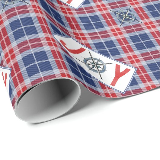 Nautical JOSS Compass Christmas Blue & Red Kariert Geschenkpapier (Rolleneckpunkt)