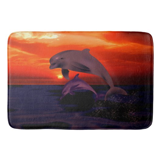 Nautical Jumping Dolphins Orange Ocean Sunset Badematte (Vorderseite)