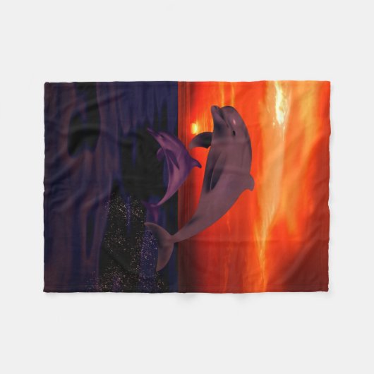 Nautical Jumping Dolphins Orange Ocean Sunset Fleecedecke (Vorderseite (Horizontal))
