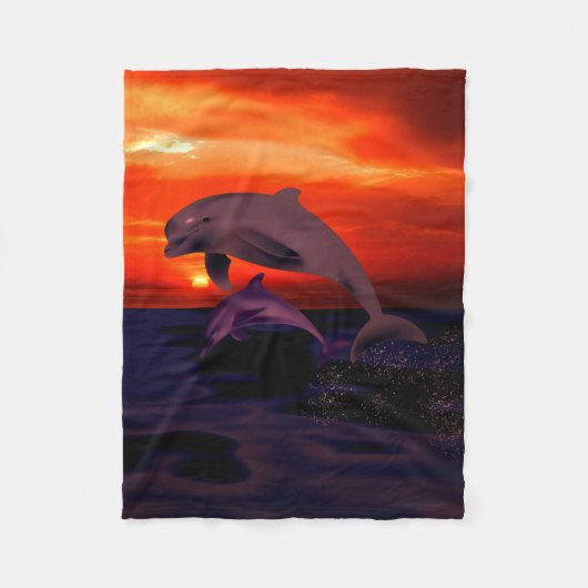Nautical Jumping Dolphins Orange Ocean Sunset Fleecedecke (Vorderseite)