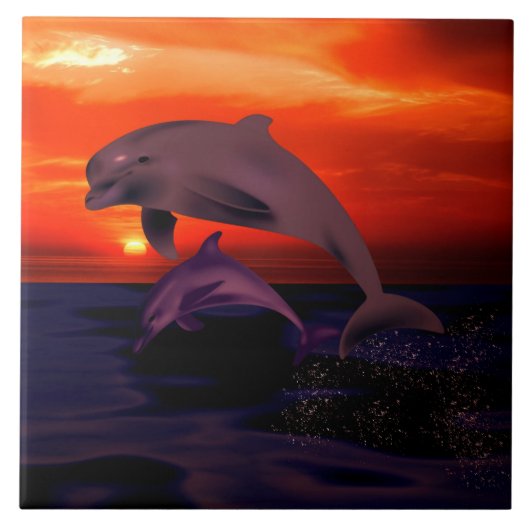 Nautical Jumping Dolphins Orange Ocean Sunset Fliese (Vorderseite)